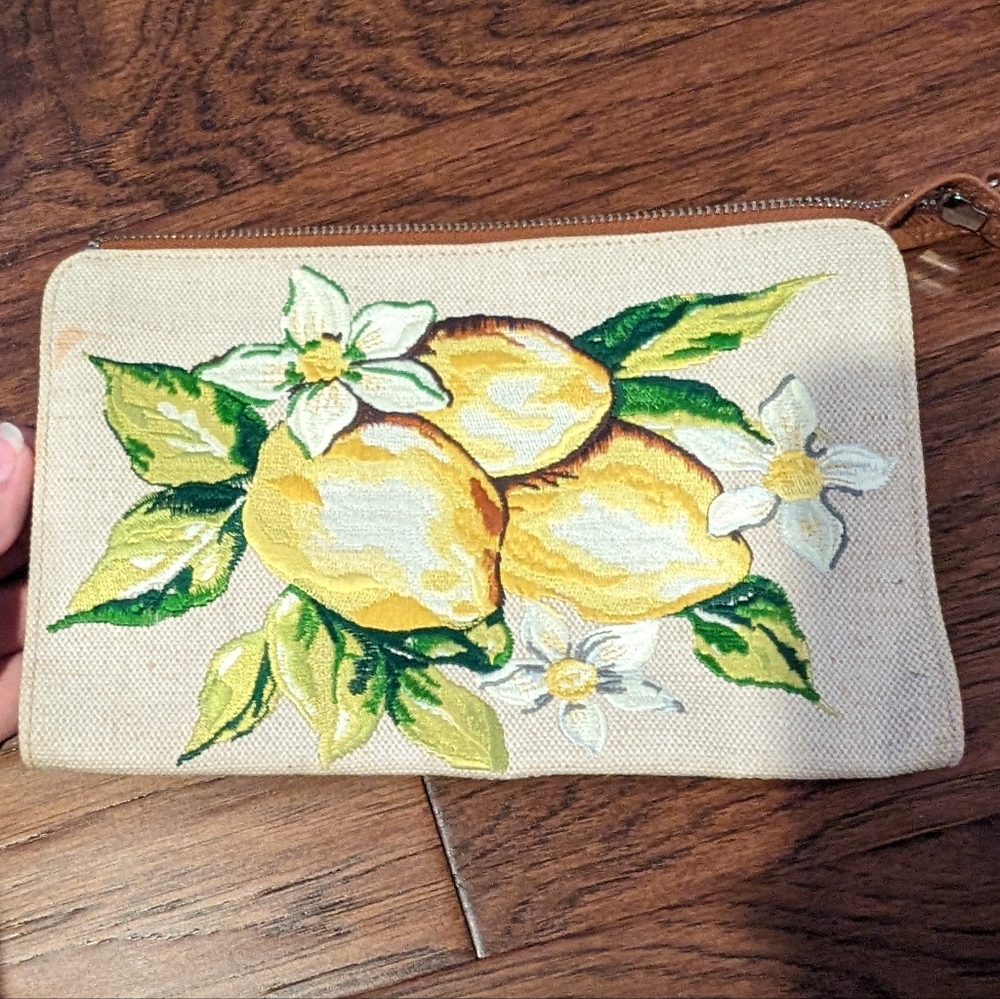 Brighton Vintage embroidered lemon leather clutch purse